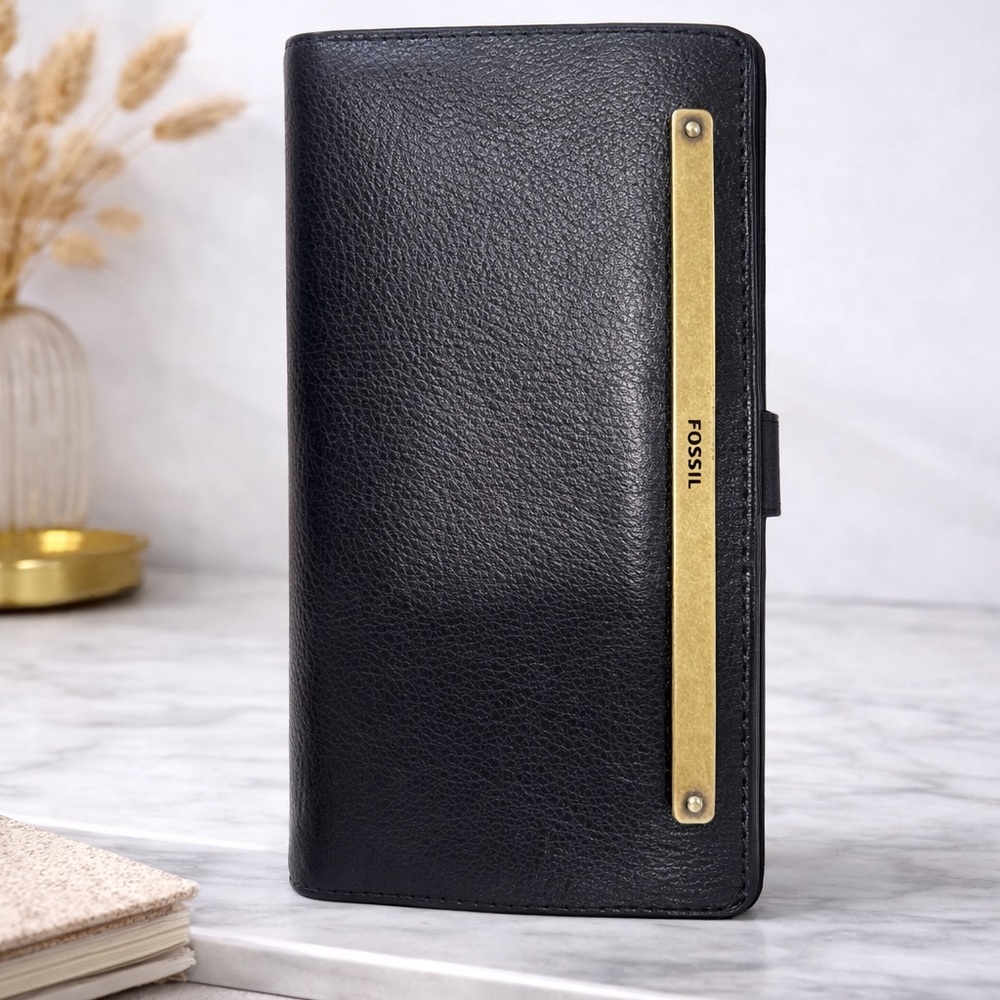 Fossil Black Leather Wallet with Gold Accent